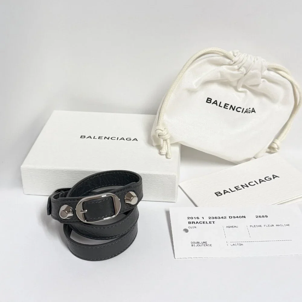 Balenciaga Black Leather Double-Wrap Bracelet with Silver Hardware - Picture 3 of 8